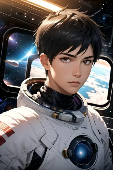 masterpiece, best quality, photorealistic, 1boy, solo, male focus, looking at viewer, upper body, depth of field, , , <lora:tsurayuki_rokuonji:0.66>, tsurayuki_rokuonji, black hair, brown eyes, superhero costume, space opera, 8k resolution