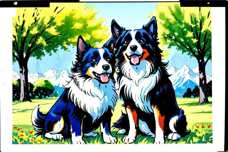 two dogs sitting in the grass with mountains in the background