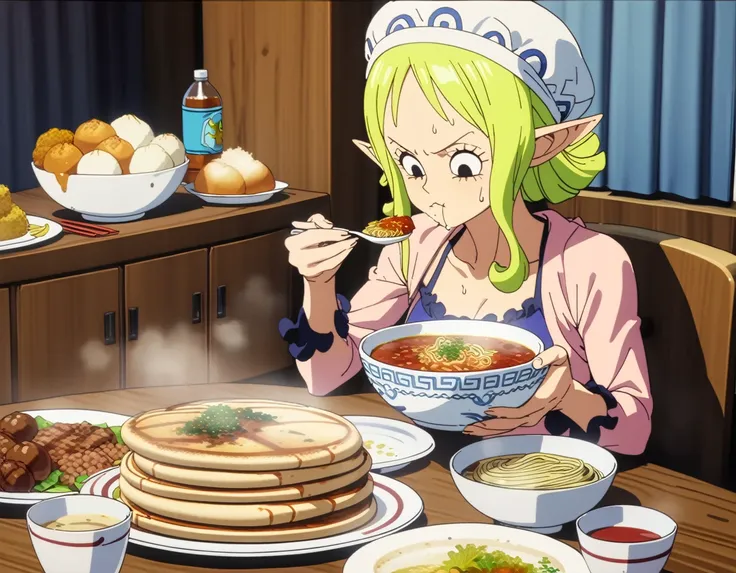 1girl,solo,
elf girl from one piece, 
casual wear,
sweat,
eating, happy
<lora:Dragon_Ball_Gluttony_XL:0.8>,oogui,
sitting,
indoors,restaurant,
looking down,
dirty,
food on face,
food,eating,table,holding spoon,holding fork,bowl,noodles, ramen,plate, holdin...