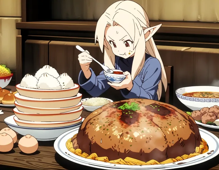 1girl,solo,
elf girl from final fantasy tactics, 
casual wear,
sweat,
eating, happy
<lora:Dragon_Ball_Gluttony_XL:0.8>,oogui,
sitting,
indoors,restaurant,
looking down,
dirty,
food on face,
food,eating,table,holding spoon,holding fork,bowl,noodles, ramen,p...