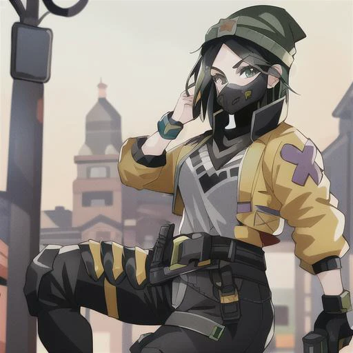 masterpiece, best quality, 1girl,  
valorantviper, green beanie, ((gasmask)), ((yellow jacket)), grey shirt, belt, black pants, torn clothes, sneakers, light green eyes,
upper body, looking at viewer, smile,
detailed face+eyes
 <lora:killjoy-nvwls-v1:1>
 <...