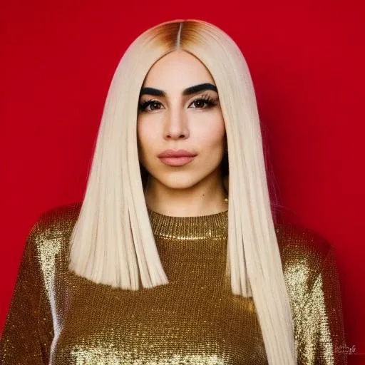 a Realistic portrait of a ava max woman with brown eyes, looking at the viewer, detailed face, detailed eyes, (smiling showing teeth:1.1), perfect slim body, modelshoot style, hand on own shoulder, wearing a red sweater with long sleeves, wearing gold earr...