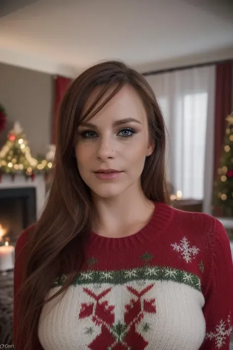 a beautiful young woman, b3ll4r, facial focus, perfect face, stunning eyes, looking at viewer, upper body, close up, christmas sweater, nsfw, erotic, candles, happy times, calm, in the living room, sharp focus, raw photo, 8k uhd