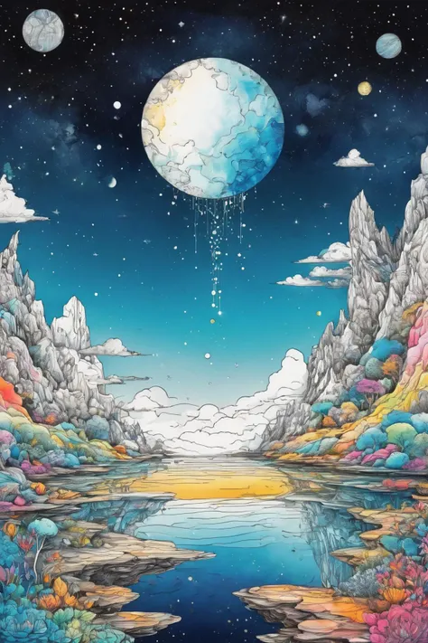 (((masterpiece))),(((best quality))),((ultra-detailed)),
line art drawing colored with watercolor Explore a hidden realm where dreams take physical form, and dreamers can navigate their own dreamscapes. Picture surreal landscapes, floating emotions, and th...