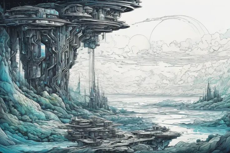 (((masterpiece))),(((best quality))),((ultra-detailed)),
line art drawing colored with watercolor Explore a hidden realm where dreams take physical form, and dreamers can navigate their own dreamscapes. Picture surreal landscapes, cyberpunk, floating emoti...