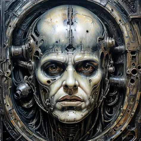 "Close-up, front-facing view of a scavenger, his face reflecting horror, within the chilling confines of a derelict space station. Sharp contrasts, lavishly intricate, drawing from H.R. Giger", surrealism, weird and pissed off, oil on canvas, dry brush,
 <...