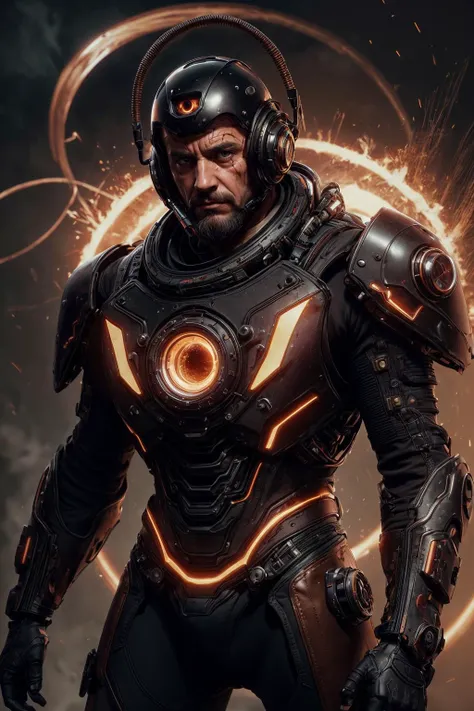 a man in a futuristic suit with glowing eyes and a glowing halo