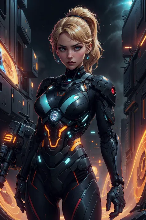 a woman in a futuristic suit standing in front of a city