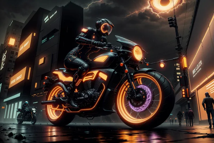 <lora:InfraBlackholeTech:0.8> inblackholetech, excessive energy,scifi,motorbike in cyberpunk street city at night neons rain fog, intricate, detailed