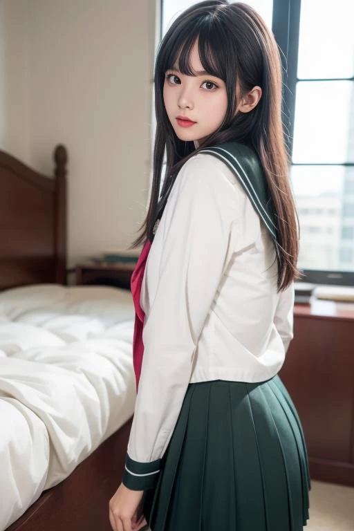 a woman in a green skirt and white shirt standing in front of a bed