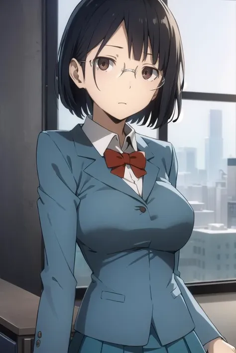 anrisonohara, <lora:anri sonohara s1-lora-nochekaiser:1>,
anri sonohara, short hair, black hair, (brown eyes:1.3), glasses, bob cut,
BREAK skirt, school uniform, shirt, white shirt, collared shirt, blazer, blue blazer, bow, red bow, blue skirt,
BREAK indoo...