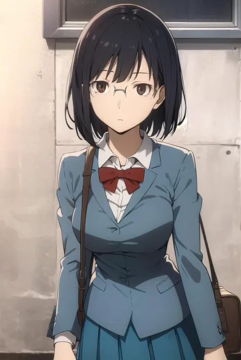 anrisonohara, <lora:anri sonohara s1-lora-nochekaiser:1>,
anri sonohara, short hair, black hair, (brown eyes:1.3), glasses, bob cut,
BREAK skirt, school uniform, shirt, white shirt, collared shirt, blazer, blue blazer, bow, red bow, blue skirt,
BREAK indoo...