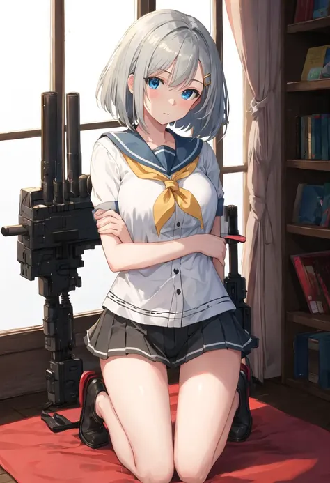 {safe:1.10}, best quality, masterpiece, highres, solo, {hamakaze_kantaicollection:0.90}, kneeling, kneeling on one knee, on one knee, cowboy_shot, looking at viewer