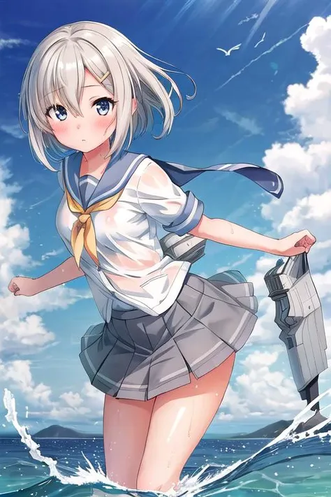 masterpiece, best quality,ultra detail, <lora:anmnr01:0.3>, <lora:GoodHands-vanilla:0.7> <lora:add_detail:0.5>,1girl,shiny eyes , blush, leaning forward, hamakaze_kantaicollection <lora:hamakaze_kantaicollection:0.7>,standing on water surface,port,ocean,cl...