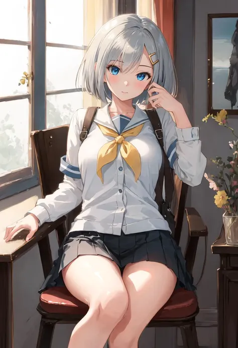 {safe:1.10}, best quality, masterpiece, highres, solo, {hamakaze_kantaicollection:0.90}, sitting, sitting on chair, chair, cowboy_shot, looking at viewer