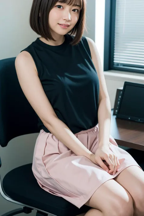 a woman sitting on a chair in a black top and pink skirt