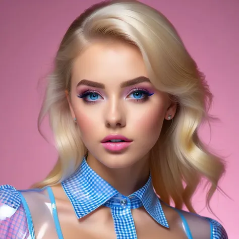 a close up of a woman with blonde hair wearing a blue shirt