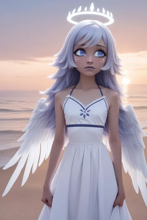 <lora:hazbin_hotel_ponyxl_v2-000025:0.8>, emily, solo, 1girl,  grey skin, white dress, standing, blush, looking to the side, looking away, beach, sand, sea, bikini, long hair, angel wings, sunset,
BREAK
backlighting, score_9, score_8_up, score_7_up, score_...