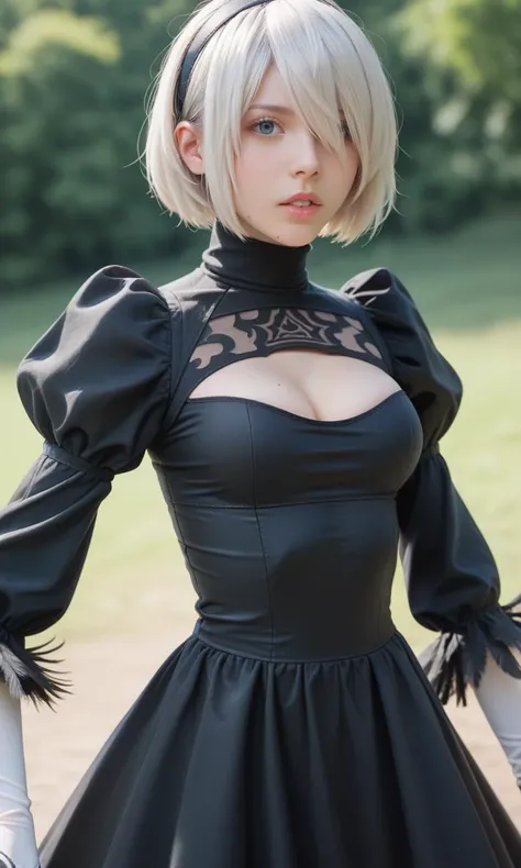 score_9,score_8_up,score_7_up,best quality,masterpiece,realistic,1girl,solo,yorha no. 2 type b,full_shot,puffy sleeves,dress,short hair,white hair,black dress,juliet sleeves,hairband,breasts,cleavage cutout,long sleeves,parted lips,turtleneck,clothing cuto...