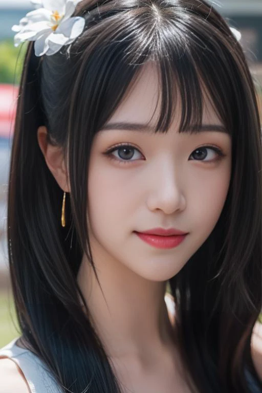 ltra-detailed,highly detailed,best quality,masterpiece,illustration,realistic,photorealistic,
qingqingzi,1girl, upper body,looking at viewer, smile, portrait, close-up, 
dress, long hair, parted bangs, ponytail, 
 <lora:qingqingzi_v1_03:0.7>