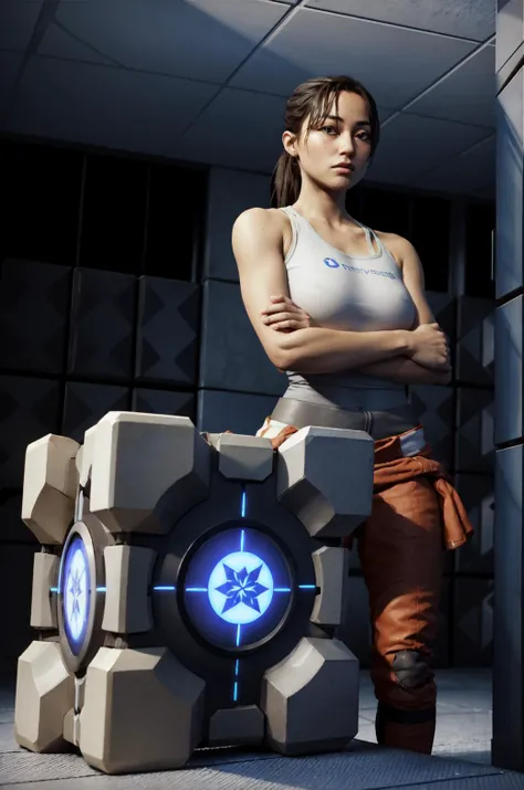 p2chell, 1girl, group, ponytail, standing next to a, p2cube, storage cube , test chamber, blue theme, <lora:Chell_Portal_2-000014:0.8>,  <lora:add_detail:0.2>