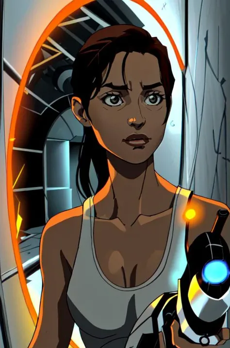 p2chell, 1girl, upper body, close up, ponytail, white tank top, holding portal gun, indoors test chamber, walking through a orange portal, <lora:Chell_Portal_2-000014:0.8>,  <lora:add_detail:0.4>