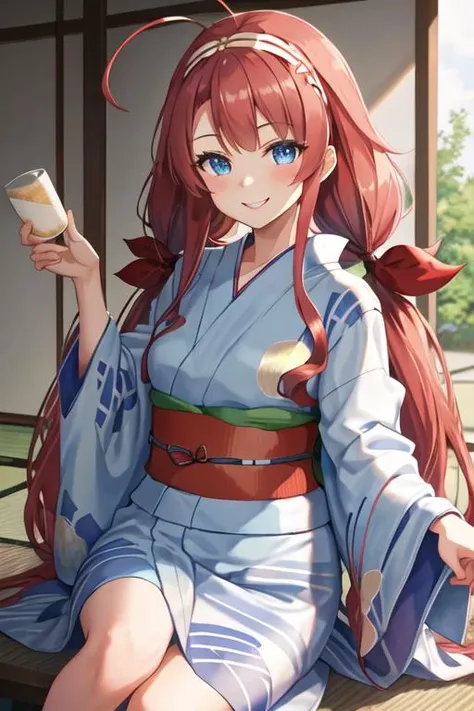 best quality, masterpiece, highres, solo, {yukata:1.40}, {kimono:1.20}, {kawakaze_kantaicollection:1.15}, long_hair, red_hair, ribbon, hairband, hair_ribbon, bangs, ahoge, twintails, sidelocks, low_twintails, asymmetrical_bangs, very_long_hair, smile, blue...