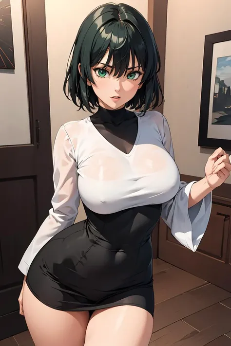 (masterpiece, best quality), 1girl,  <lora:Fubuki:0.8> fubuki, short hair, large breasts, green eyes, dress, long sleeves, thighs,