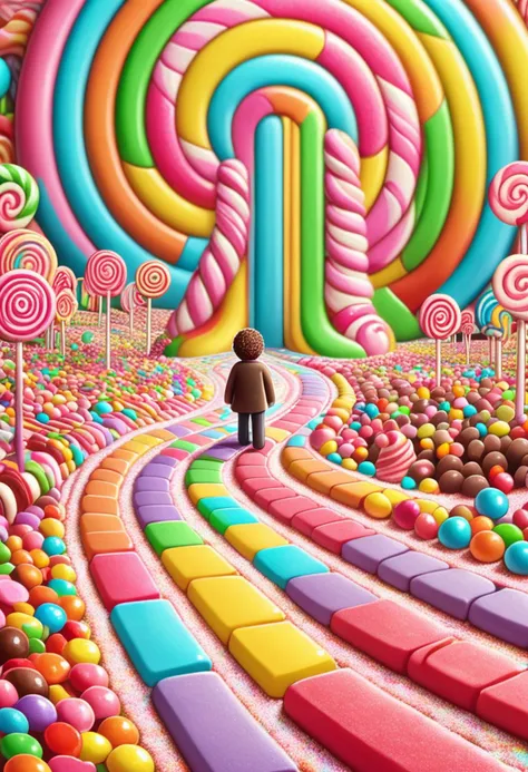 a close up of a person standing in a candy land with lots of candy