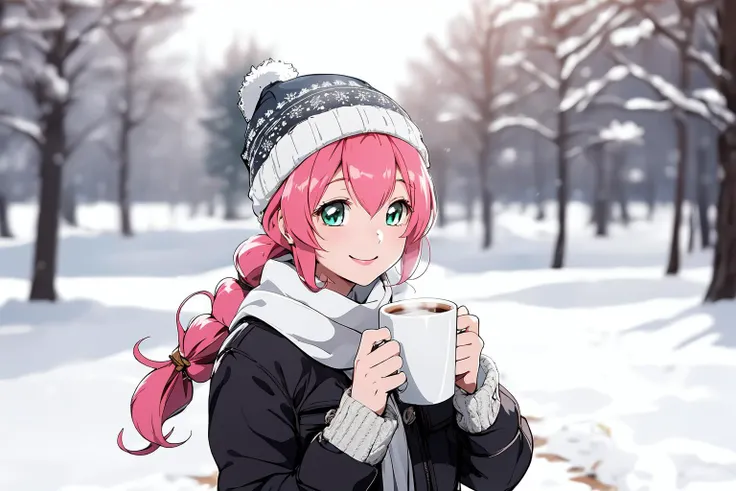 (RAW photo, best quality), 1girl,  natural lighting, <lora:innai_kansen_yoneda_shiori_v2_2-000004:1>, yoneda shiori,  smile,
winter, snowflake, a cup of coffee, aroma, beanie cap, scarf,