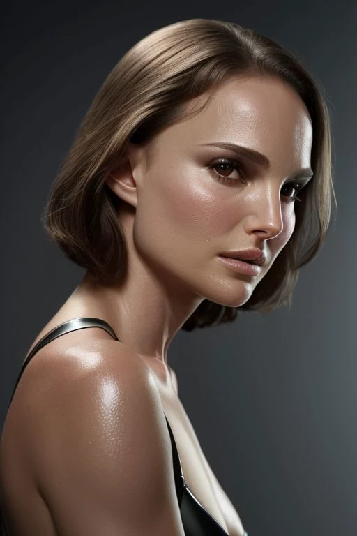 natalieportman-smf, full color portrait of woman, (oiled shiny skin:1.0), (slick undercut hair:1.0), 
masterpiece, best quality, sharp focus, highres 8k uhd, ultra-detailed, rim light, deep grey background,
 <lora:natalieportman_lycoris_01:0.8>