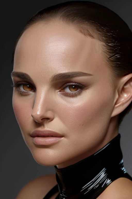 natalieportman-smf, full color portrait of woman, (oiled shiny skin:1.0), (slick undercut hair:1.0), 
masterpiece, best quality, sharp focus, highres 8k uhd, ultra-detailed, rim light, deep grey background,
 <lora:natalieportman_lycoris_01:0.9>