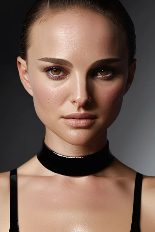 natalieportman-smf, full color portrait of woman, (oiled shiny skin:1.0), (slick undercut hair:1.0), 
masterpiece, best quality, sharp focus, highres 8k uhd, ultra-detailed, rim light, deep grey background,
 <lora:natalieportman_lycoris_01:0.9>