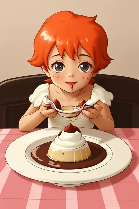 anime girl eating dessert with fork and spoon on table