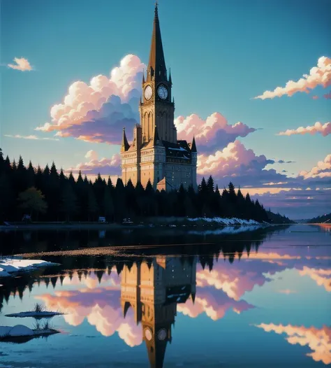 arafed view of a church with a clock tower and a lake