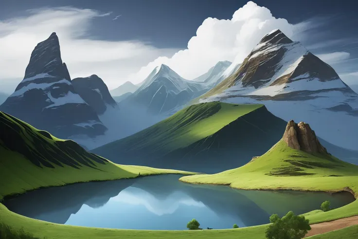 a close up of a mountain with a lake and a mountain range