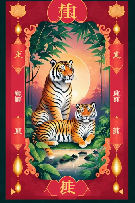 chinese card with (tiger in the jungle:1.1), horror, bloody, with chinese characters on it, action shot, burlesque, art_nouveau,...