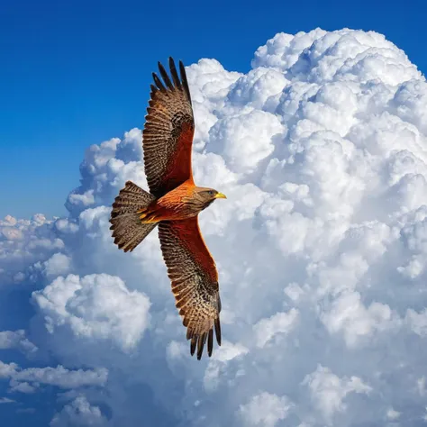 there is a bird flying in the sky with clouds in the background