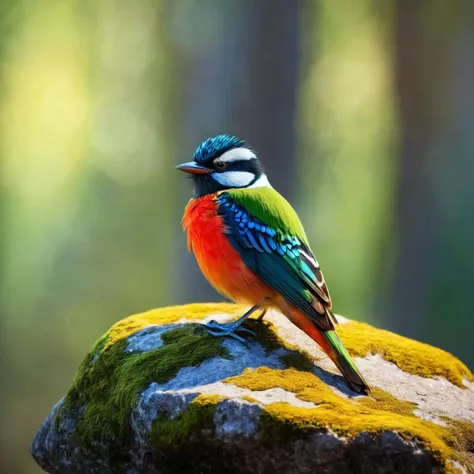 brightly colored bird perched on a rock in the woods