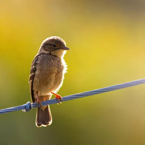 there is a small bird sitting on a wire with a blurry background