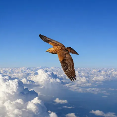 araffe flying above the clouds in the sky with its wings spread