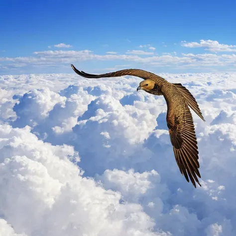 araffe flying above the clouds in the sky with its wings spread