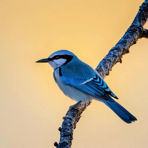 araffy blue bird perched on a branch with a yellow background