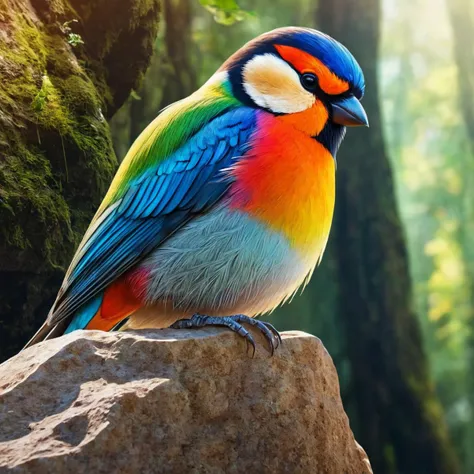 brightly colored bird perched on a rock in a forest