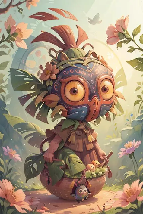 ((masterpiece)) ((cute)), skull kid, mask only, ((inside woven basket)), flowers around, cherry blossoms, cute ((big eyes)),  IrisCompiet style, ((watercolor)) painting, (((sticker))), (((circle background))), ((solo))  <lora:IrisCompietStyle:1>  <lora:COO...