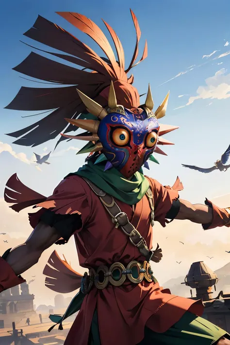 Skull kid, mask, gloves, red hat,green scarf, gloves, looking at viewer,
outside, outstretched arms, in air, HDR, extremely detailed, <lora:SkullKid:.8>