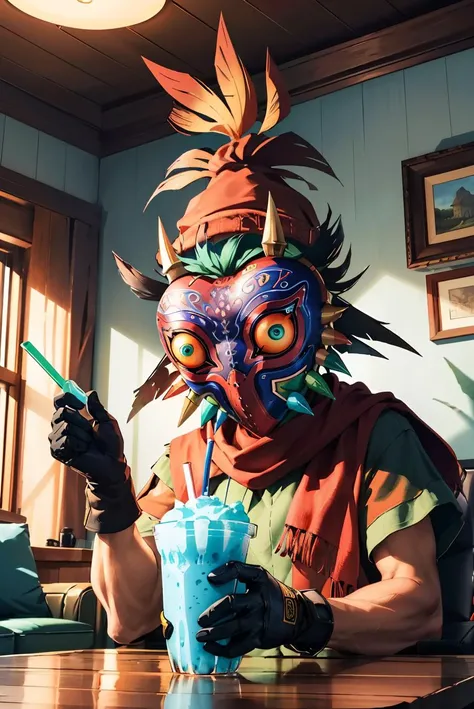 Skull kid, solo, mask, gloves, red hat,green scarf, gloves, looking at viewer,
sitting, indoors, living room, holding a frosted smoothie glass with blue milkshake,
bounce lighting, playful ambiance, HDR, extremely detailed, <lora:SkullKid:.8>