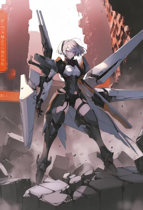 anime character standing on a pile of rubble with a sword