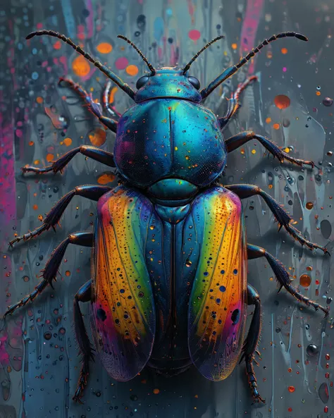 A beetle,  (Alien world) (strange colors), (random inverted chromatic colours:1.5),  (Sharp Detail),(Epic), (science fiction), (strange variations:1.5), (best quality, masterpiece, photorealistic, hyper-realistic reflections, hyper-realistic light, hyper-r...