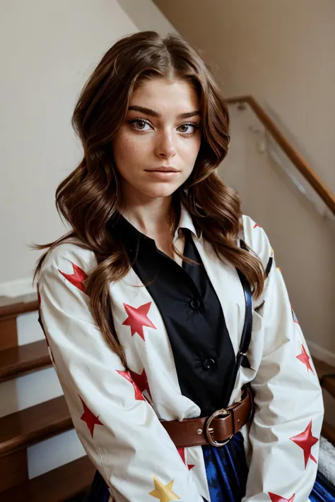 arafed woman sitting on a stair with a star print jacket